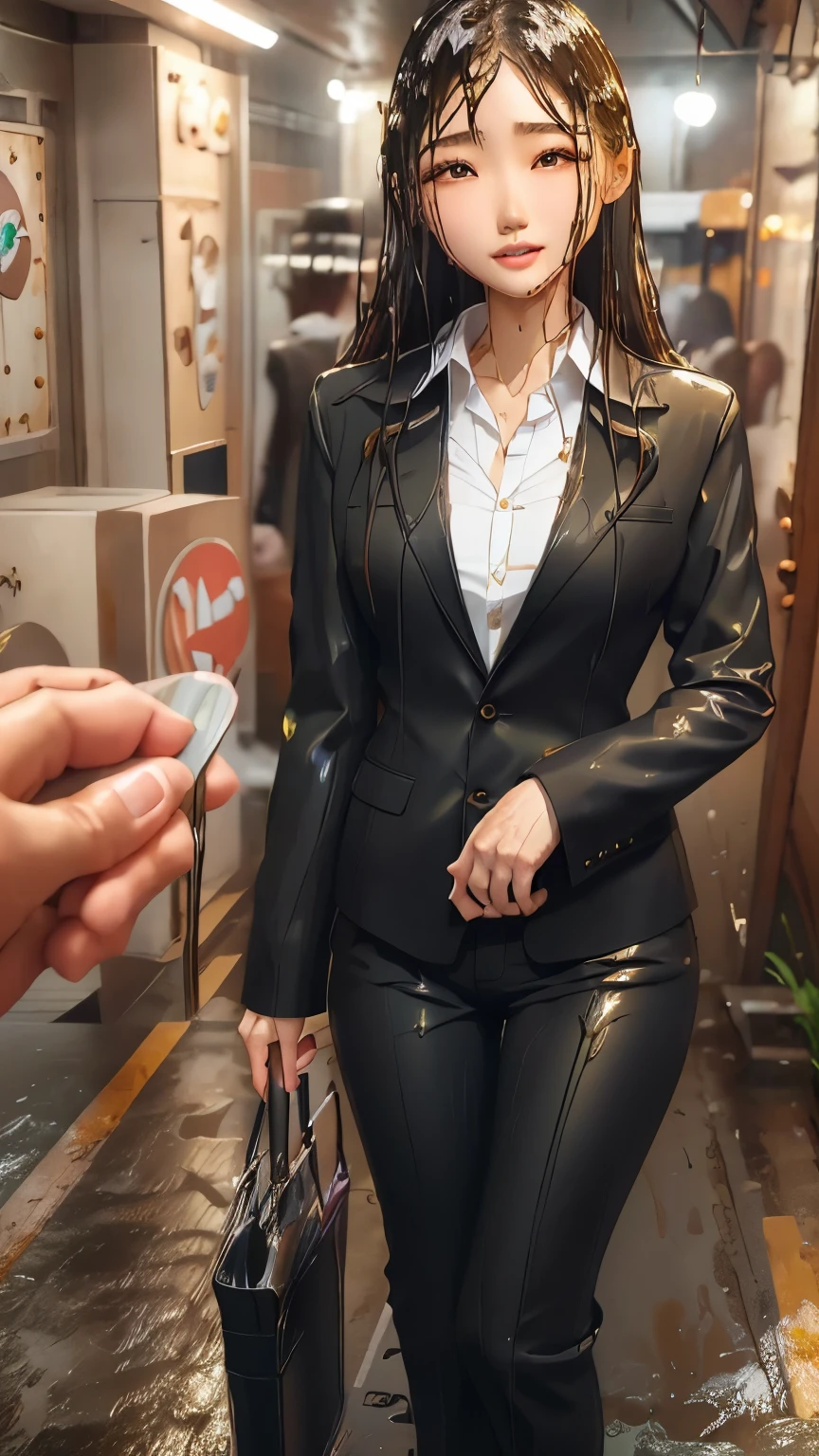 Highest,masterpiece,Highest品質,High resolution,high quality,Realistic,Medium Hair,Wet髪,Pants Style,High heels, Collared shirt,,Black jacket,suit:1.5,Wet,Sweat,orgasm,Fair skin,Oily skin,ID card,White chocolate:2.0,Embarrassed face:1.2,