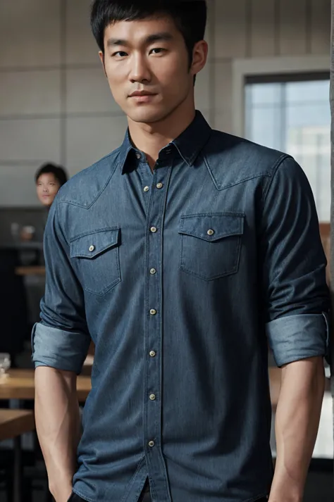 ((realistic daylight)) , young korean man in black sports shirt only, no pattern, denim shirt, jeans., a handsome, muscular youn...