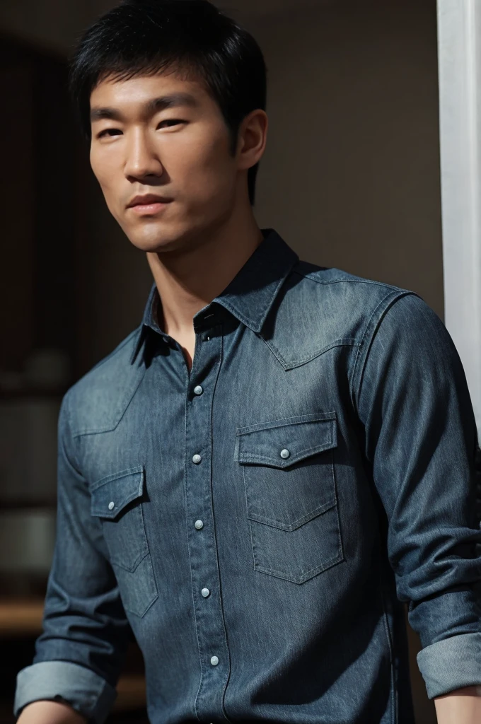 ((realistic daylight)) , Young Korean man in black sports shirt only, no pattern, denim shirt, jeans., A handsome, muscular young Asian man looks at the camera.  , in the restaurant ,turn sideways