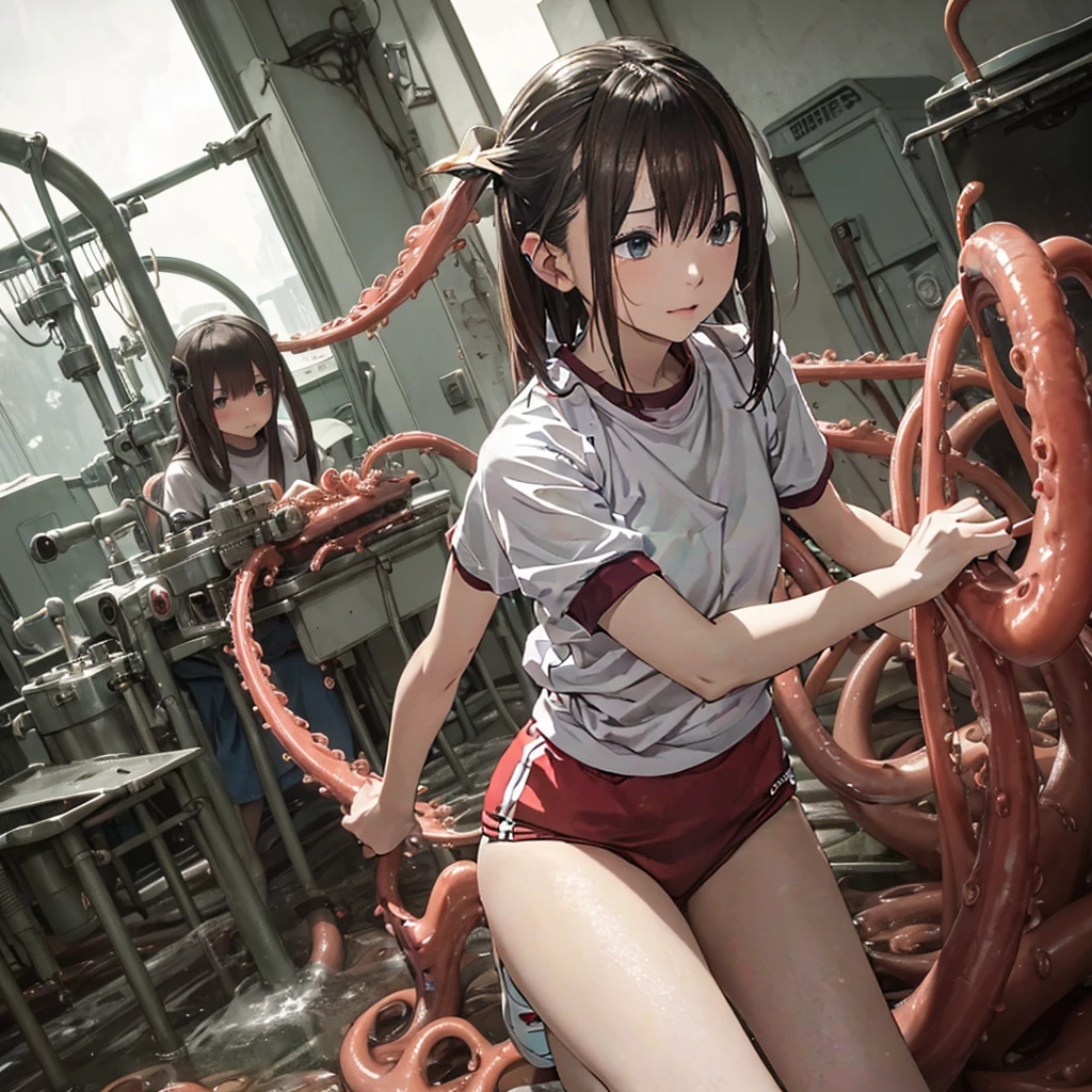 Girl captured by tentacles in abandoned factory、Tentacles in a skirt、Pants fabric texture、Watery eye、shout、Get wet、Reluctant、run away