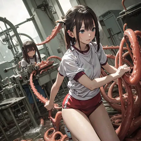 Girl captured by tentacles in abandoned factory、Tentacles in a skirt、Pants fabric texture、Watery eye、shout、Get wet、Reluctant、run...