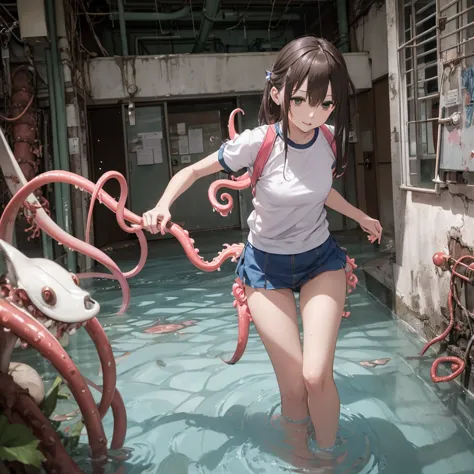 Girl captured by tentacles in abandoned factory、Tentacles in a skirt、Pants fabric texture、Watery eye、shout、Get wet、Reluctant、run...