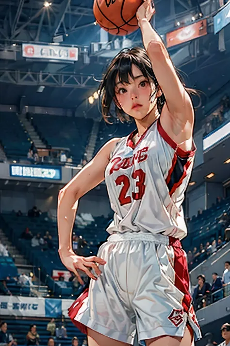 ((female basketball player)), young and beautiful girl、美しい顔のdetailedな描写、alone, dunk shot, jumping chute、close、motion blur、dynami...