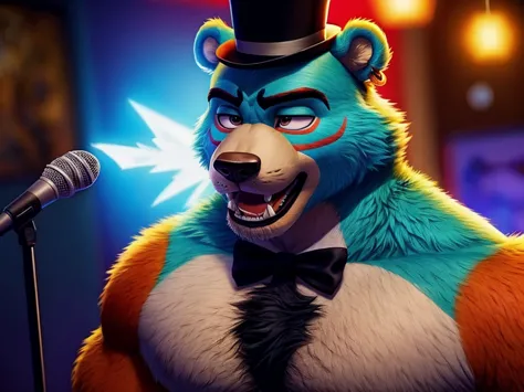 glamrock freddy is a bear fazbear, he has a top hat, now with a thin blue stripe just above its brim. his microphone is now on a...