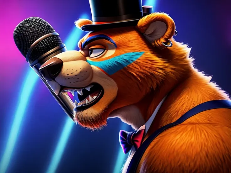 glamrock freddy is a bear fazbear, he has a top hat, now with a thin blue stripe just above its brim. his microphone is now on a...