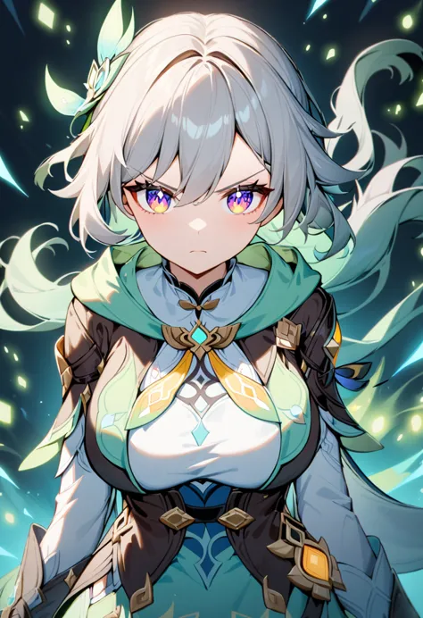 an anime girl，genshin impact，firefly，silver hair，green clothes，cool，a sword，big breasts，serious expression