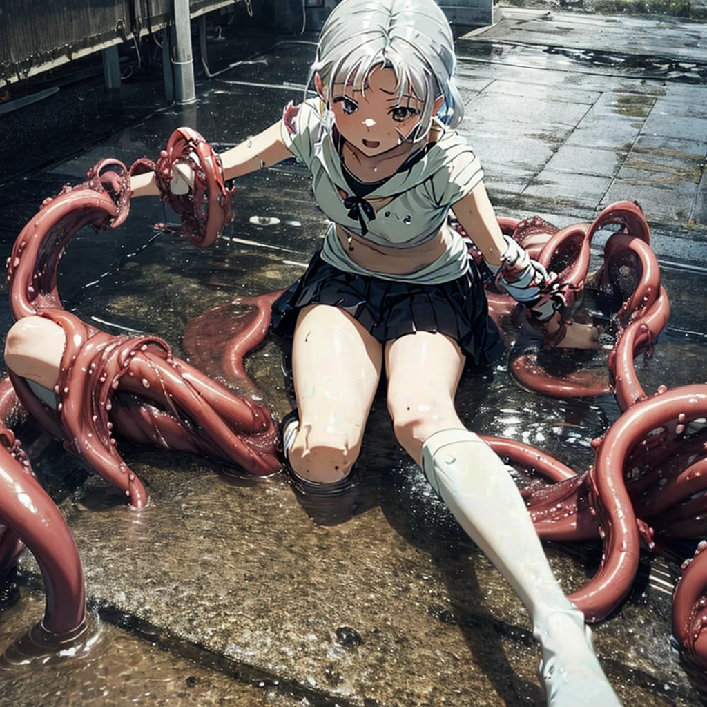 Girl captured by tentacles in abandoned factory、Tentacles in a skirt、Pants fabric texture、Watery eye、shout、Get wet、Reluctant、run away