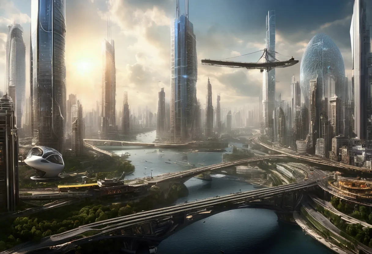 an amazing movie scene with a futuristic city with many skyscrapers, bridges connecting buildings and many busy avenues with fut...