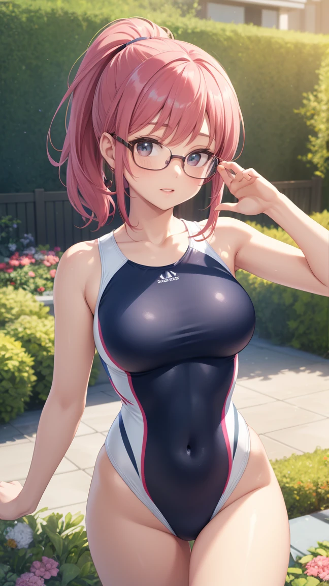 1girl, natural lighting, masterpiece, highly detailed, illustration, game CG, absurdres, high quality, aichan, medium breasts, beautiful detailed eyes, medium bright pink hair, ponytail, bangs, glossy lips, blush, garden, one-piece swimsuit, modelling pose, glasses