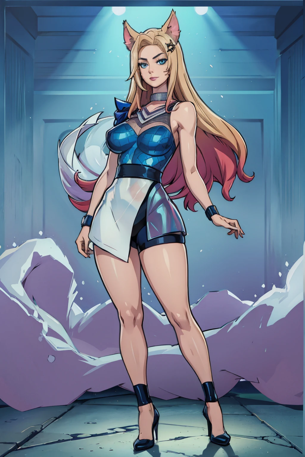 ((Full body photo, standing, feet on the ground)) (masterpiece, official art), 1girls, solo, shortstackBT, shortstack, thick, curvy, curvaceous, blue eyes, long hair, ahri, incrsAhri, fox ears, fox tail, multiple tails, (bare legs, high heels), (closeup), portrait, (huge breasts), standing, view from front, simple background, looking at viewer, (upper body), smile, seductive, alluring attire