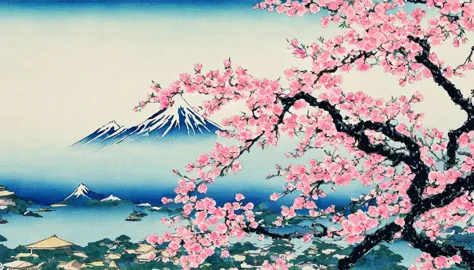 cherry blossoms、Ukiyo-e、Simple Background、