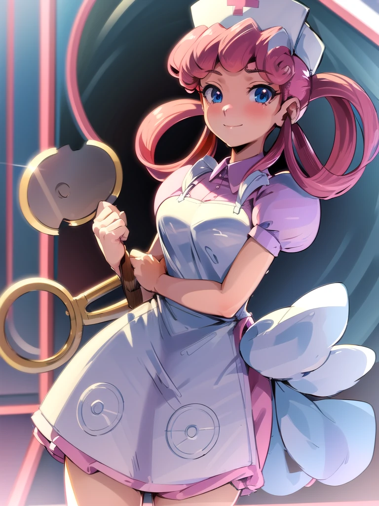 (masterpiece, best quality:1.2), nurse joy, pokemon, blue eyes, closed mouth, long hair, pink hair, short sleeves, nurse, blush, holding, puffy short sleeves, large breasts, puffy sleeves,  nurse cap, 1girl, looking at viewer, smile, solo, hat, dress, apron, hair rings, clipboard 