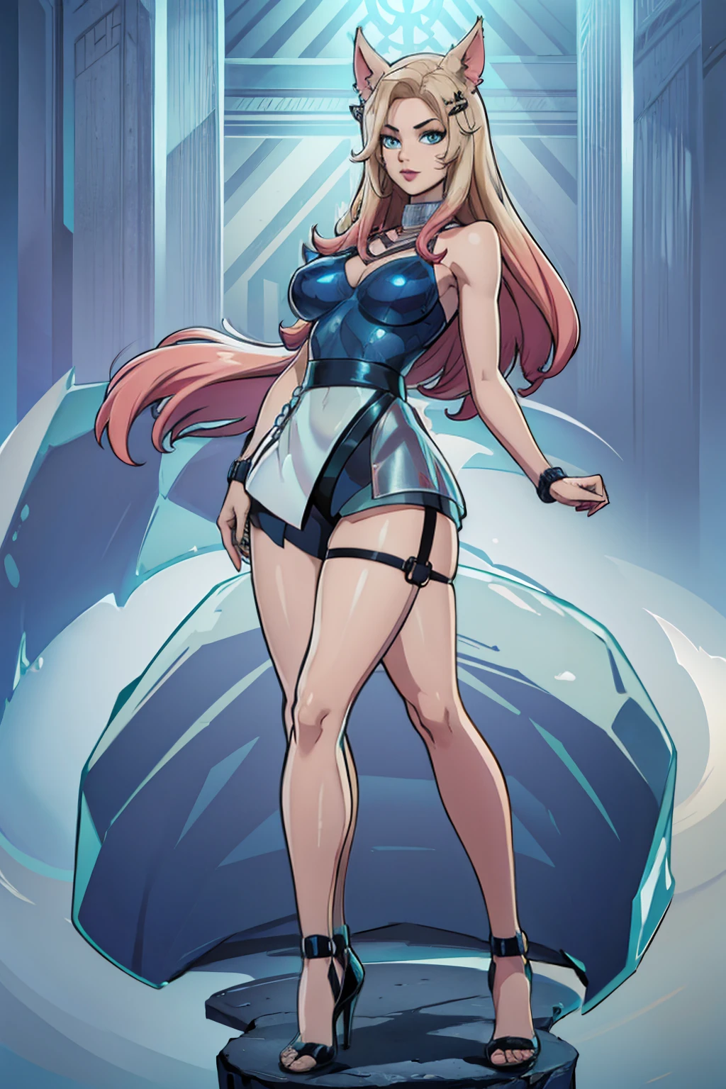 ((Full body photo, standing, feet on the ground)) (masterpiece, official art), 1girls, solo, shortstackBT, shortstack, thick, curvy, curvaceous, blue eyes, long hair, ahri, incrsAhri, fox ears, fox tail, multiple tails, (bare legs, high heels), (closeup), portrait, (huge breasts), standing, view from front, simple background, looking at viewer, (upper body), smile, seductive, alluring attire