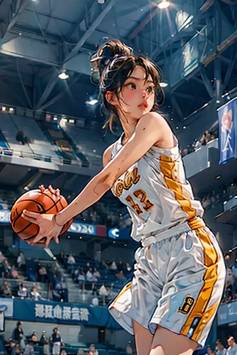 ((female basketball player)), young and beautiful girl、美しい顔のdetailedな描写、alone, dunk shot, jumping chute、close、motion blur、dynami...