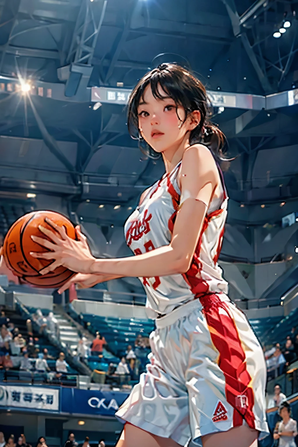 ((Female Basketball Player)), Young and beautiful girl、美しい顔のdetailedな描写、alone, dunk shot, Jumping Chute、close、Motion Blur、Dynamic Angle、stadium lighting、Blur the background、8Kdetailed, (detailed、masterpiece、Highest quality)、