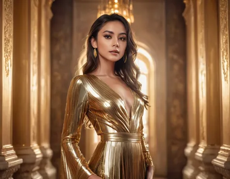 Beautiful 25 year old girl, wearing long elegant metallic gold dress, golden palace background, professional photoshotgraphy sty...