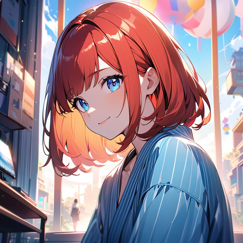 1 girl,Redhead Bob Cut、Long Bangs、Blue Eyes、Light blue yukata 、smile、From the front towards you、profile,In 8K, Surreal, Lens flare,A fun atmosphere, Shine, In detail, complicated, Many colors, Bright lighting,Bright Face、Trending on Art Station,, Surreal,, Extremely detailed, Unreal Engine 5, masterpiece, Highest quality、Upper Body