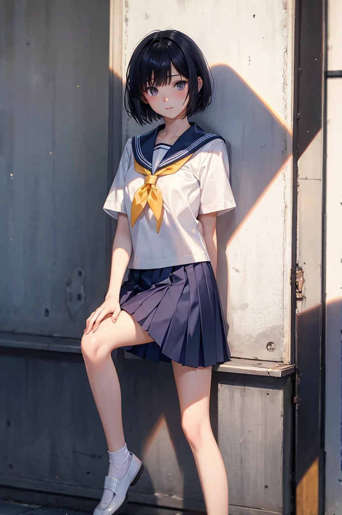 high school student，Wide eyes，slender，Sunburned skin，Short Hair，Summer sailor uniform，Thin legs，Skirts at length below the knee，