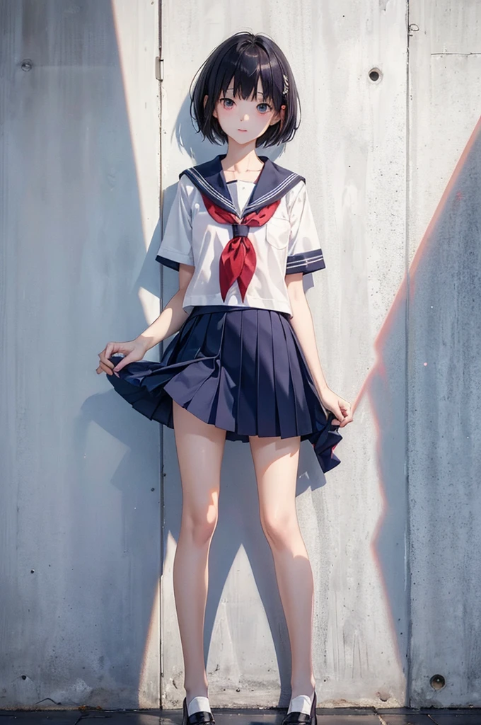 high school student，Wide eyes，slender，Sunburned skin，Short Hair，Summer sailor uniform，Thin legs，Skirts at length below the knee，