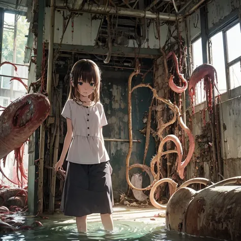 girl captured by tentacles in abandoned factory、tentacles in a skirt、pants fabric texture、watery eye、shout、get wet、reluctant、run...