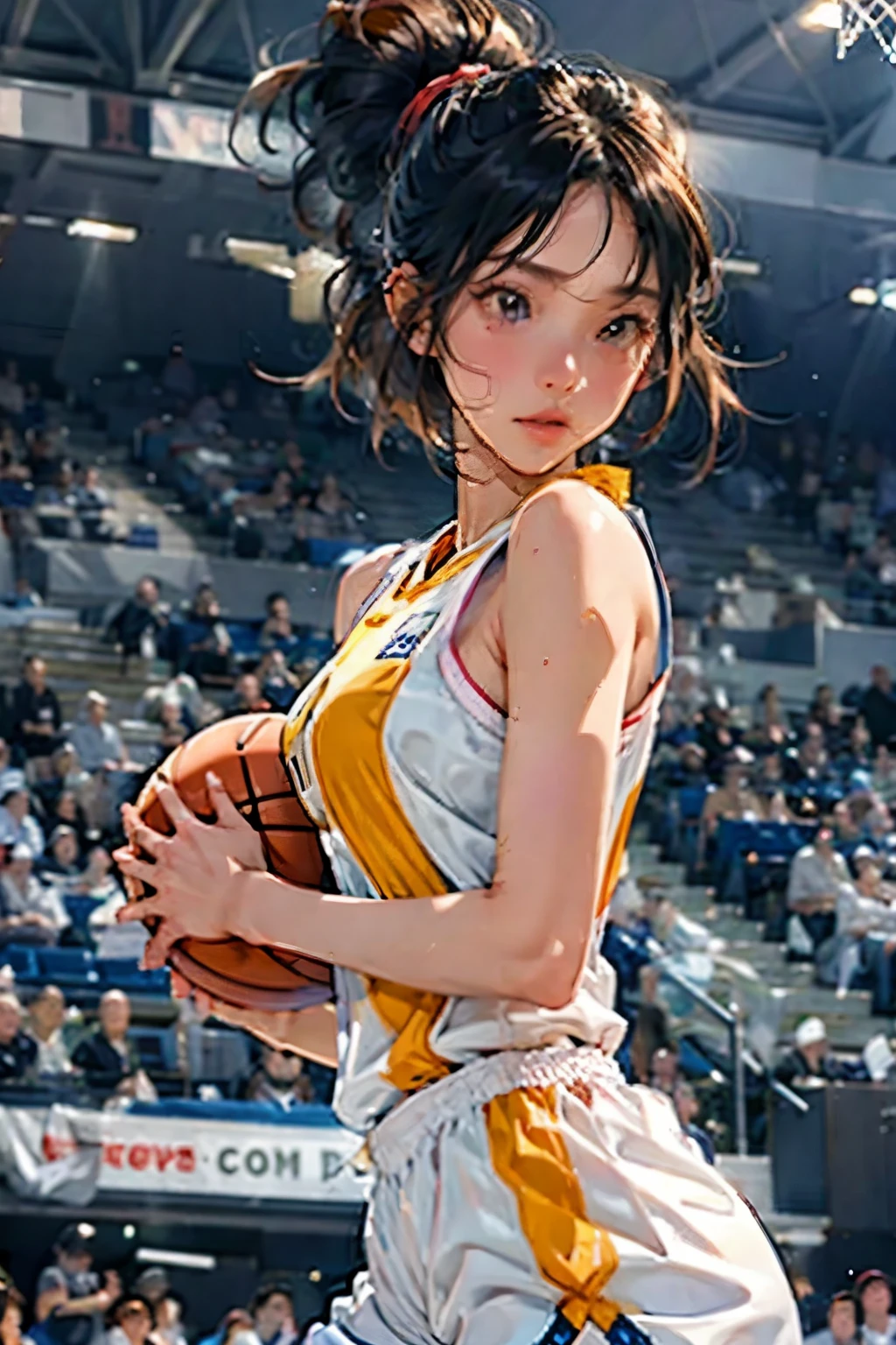 ((Female Basketball Player))、Young and beautiful girl、美しい顔のdetailedな描写、alone、(Dunk Shot)、(Jumping Chute)、Close-up、Motion Blur、Dynamic Angle、stadium lighting、Blur the background、8Kdetailed、(detailed、masterpiece、Highest quality)、