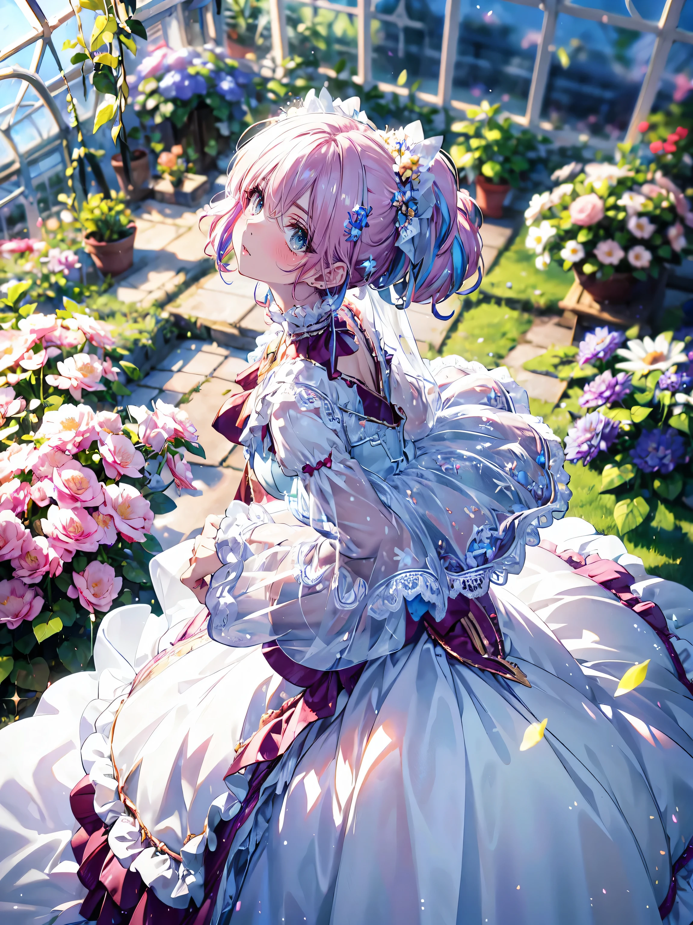 ((ultra detailed, exquisite quality, absolutely resolution, high res)), (anime moe art style:1.3), (((young face solo princess))), (((incredibly cute rococo victorian gown with long hems, voluminous princess style skirt, elaborate lace gown))), ((huge breasts)), breasts cleavage, ((hair light pink hair)), ((fluffy long Expressive ponytail)), ((leaning forward, looking up, from above, front view, facing at viewer:2)), kawaii face, head tilt, shy smile,  super detailed skin, (face focus, eyes focus, blurry background, depth of field:2), (isometric 3D, octane render, ray tracing:1.5), backlighting, particle effect, cinematic lighting, cinematic shadows, caustics, (hyper detail delicate eyes, hyper beautiful eyes), (eyes blue eyes), (lot's of colorful flowers, sparkling glass classic greenhouse:1.5),