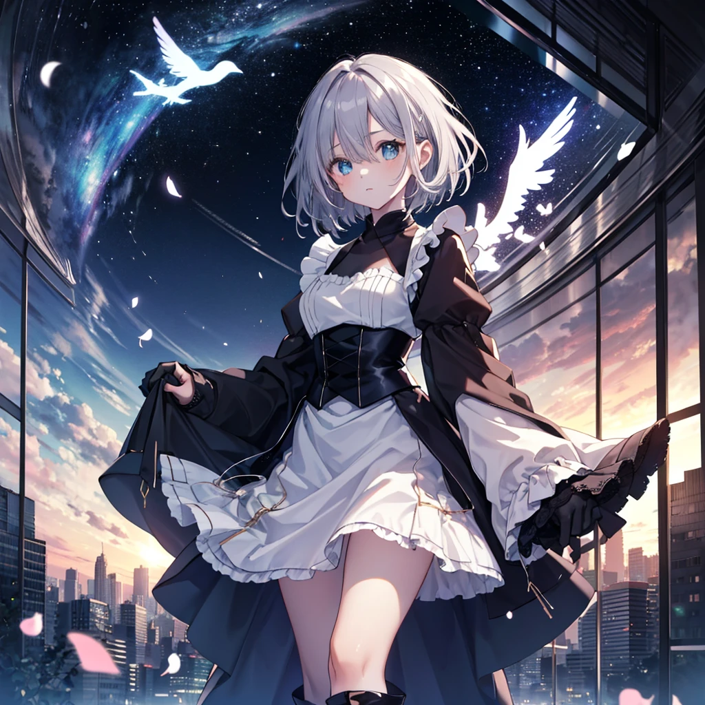 (masterpiece:1.6, Highest quality), (Fine and beautiful eyes: 1.2), Fiami, Yaminor, Ranpura, One girl, Flower Field, White Dress, planet, Starry Sky, petal, scenery, Floating Hair, night, No sleeve, Sun skirt, No sleeve dress, Illustration of one person, Dengeki Bunko, Woman Looking Back, Perfect Human Medicine, Woman keeps falling, {{{{{Maid clothes}}}}},Small Tits,anime, Two legs, Cool,{{{{{50 year old woman}}}}} ,{{{{{a person is depicted}}}}},(Official Art、{{{{{Upper Bodyアングル}}}}},Highest quality、Unity 8k wallpaper、32k、masterpiece、Ultra-detailed、Ultra-high resolution, Realistic、Grab your hair with your hands, Photorealistic:1.2)、(Cinema Lighting:1.2)、,Fire Glow Effect、The most grainy shadows on the film、Rim Light、Side light、Side Shot、(Ultra-detailedで複雑な3Dレンダリング)、Very short hair, Short wolf hair,細部までBeautiful Faceと目、Sharp pupils、Realistic生徒、Slender、Highly detailed background、Beautiful Face、Beautiful 16 year old girl、(Ultra-detailedなスキン、Detailed skin texture:1.Silver Hair:1.3)、Blunt bangs、blue eyes、{{{{{黒いMaid clothes}}}}}、White apron costume、Black knee socks、(Thighs Thighs Thighs Thighs:0.8)、Dancing on the Tower Roof、(avert your eyes、Overlooking the city:1.3)、Fantastic、Close your mouth and bite, Makes your face smaller, (Tabletop), Highest quality, Perfect Face, 1 Girl, alone, Eye color is light blue, Hair between the eyes, Very Short Hair, blue eyes, Silver Hair, Knee-high boots, corset,Black gloves, Long sleeve, Upper Body, Light and multiple flying birds,