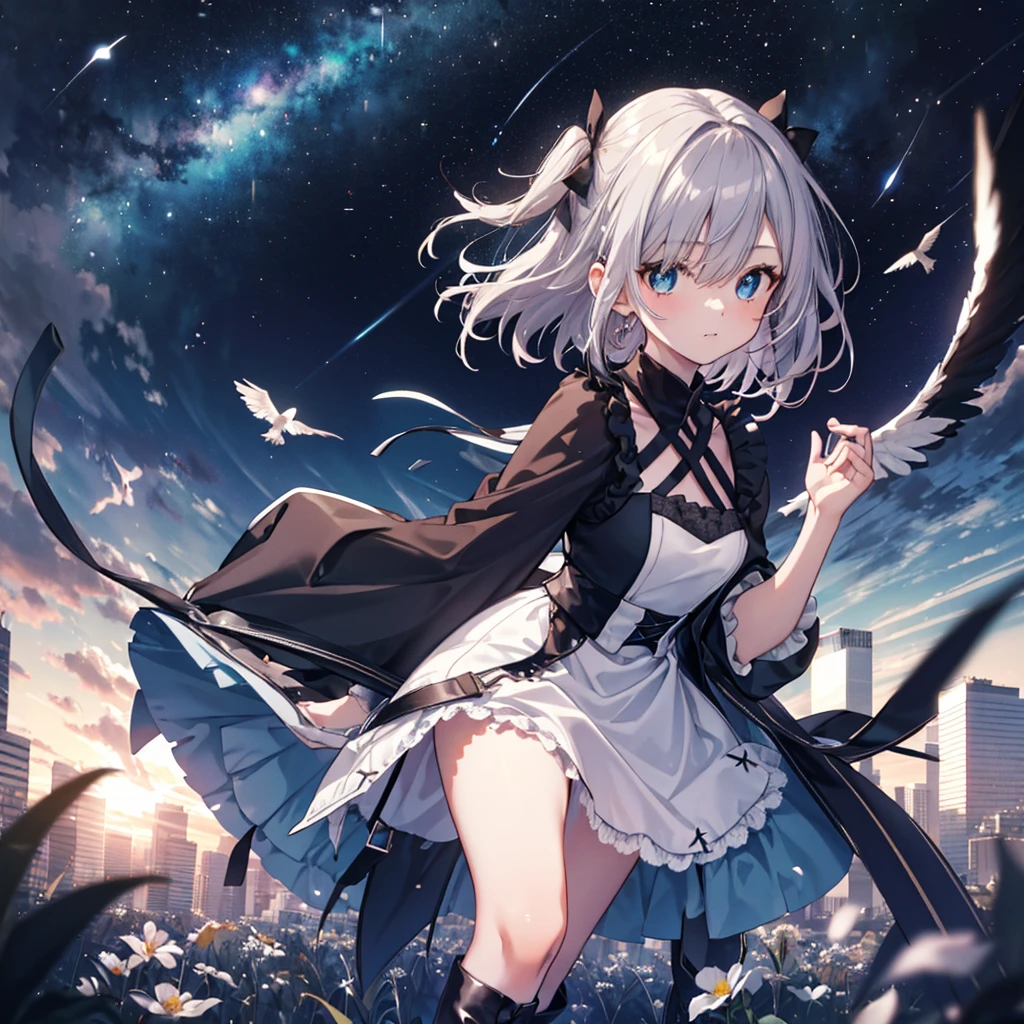 (masterpiece:1.6, Highest quality), (Fine and beautiful eyes: 1.2), Fiami, Yaminor, Ranpura, One girl, Flower Field, White Dress, planet, Starry Sky, petal, scenery, Floating Hair, night, No sleeve, Sun skirt, No sleeve dress, Illustration of one person, Dengeki Bunko, Woman Looking Back, Perfect Human Medicine, Woman keeps falling, {{{{{Maid clothes}}}}},Small Tits,anime, Two legs, Cool,{{{{{50 year old woman}}}}} ,{{{{{a person is depicted}}}}},(Official Art、{{{{{Upper Bodyアングル}}}}},Highest quality、Unity 8k wallpaper、32k、masterpiece、Ultra-detailed、Ultra-high resolution, Realistic、Grab your hair with your hands, Photorealistic:1.2)、(Cinema Lighting:1.2)、,Fire Glow Effect、The most grainy shadows on the film、Rim Light、Side light、Side Shot、(Ultra-detailedで複雑な3Dレンダリング)、Very short hair, Short wolf hair,細部までBeautiful Faceと目、Sharp pupils、Realistic生徒、Slender、Highly detailed background、Beautiful Face、Beautiful 16 year old girl、(Ultra-detailedなスキン、Detailed skin texture:1.Silver Hair:1.3)、Blunt bangs、blue eyes、{{{{{黒いMaid clothes}}}}}、White apron costume、Black knee socks、(Thighs Thighs Thighs Thighs:0.8)、Dancing on the Tower Roof、(avert your eyes、Overlooking the city:1.3)、Fantastic、Close your mouth and bite, Makes your face smaller, (Tabletop), Highest quality, Perfect Face, 1 Girl, alone, Eye color is light blue, Hair between the eyes, Very Short Hair, blue eyes, Silver Hair, Knee-high boots, corset,Black gloves, Long sleeve, Upper Body, Light and multiple flying birds,