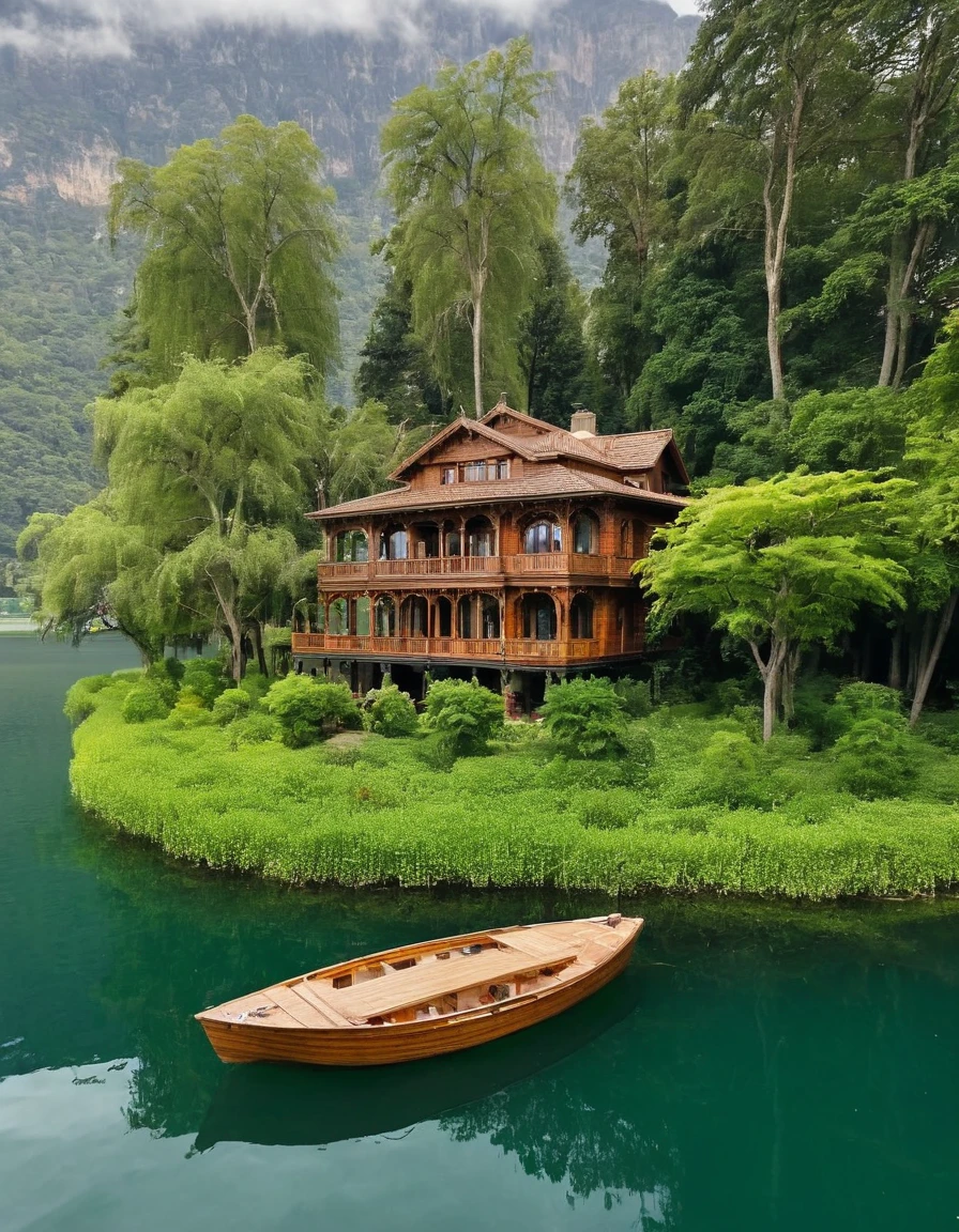 there is a boat that is floating in the water near a house, lake house, floating palace, on a boat on a lake, in the middle of a lake, incredibly beautiful, very close to real nature, peaceful wooden mansion, beautiful and mysterious, beautiful image, beautiful place, luxury lifestyle, boat dock, wooden boat, perfectly detailed, on a lake