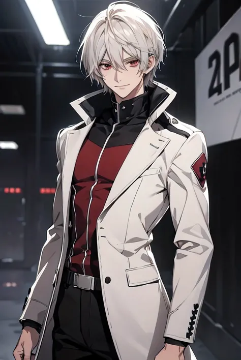 (confused, high resolution, very detailed), 1 male, silver hair,shortcuts,looks soft,wavy hair,short hair,deep red eyes,white an...