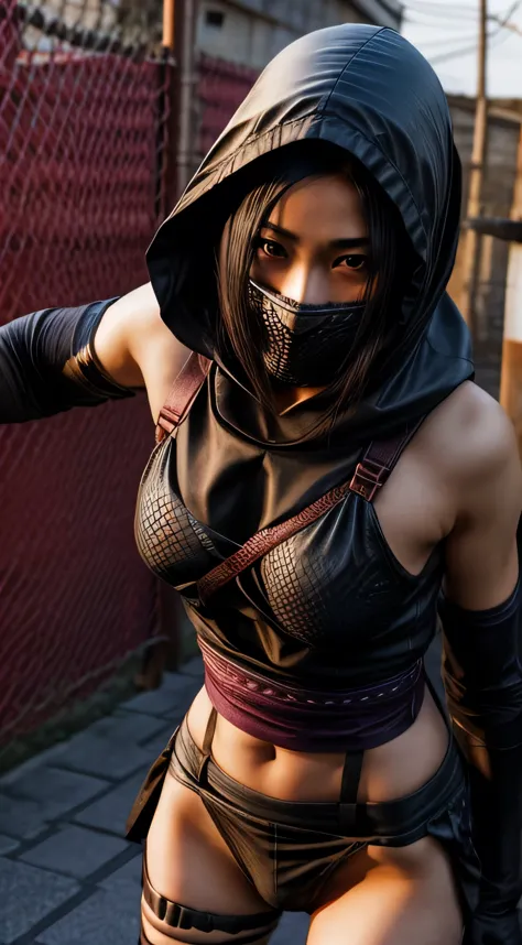 female shinobi with shoulder armor, asian, long black hair, brown eyes, hooded, fishnets, ninja garb, sakura background, japan,s...