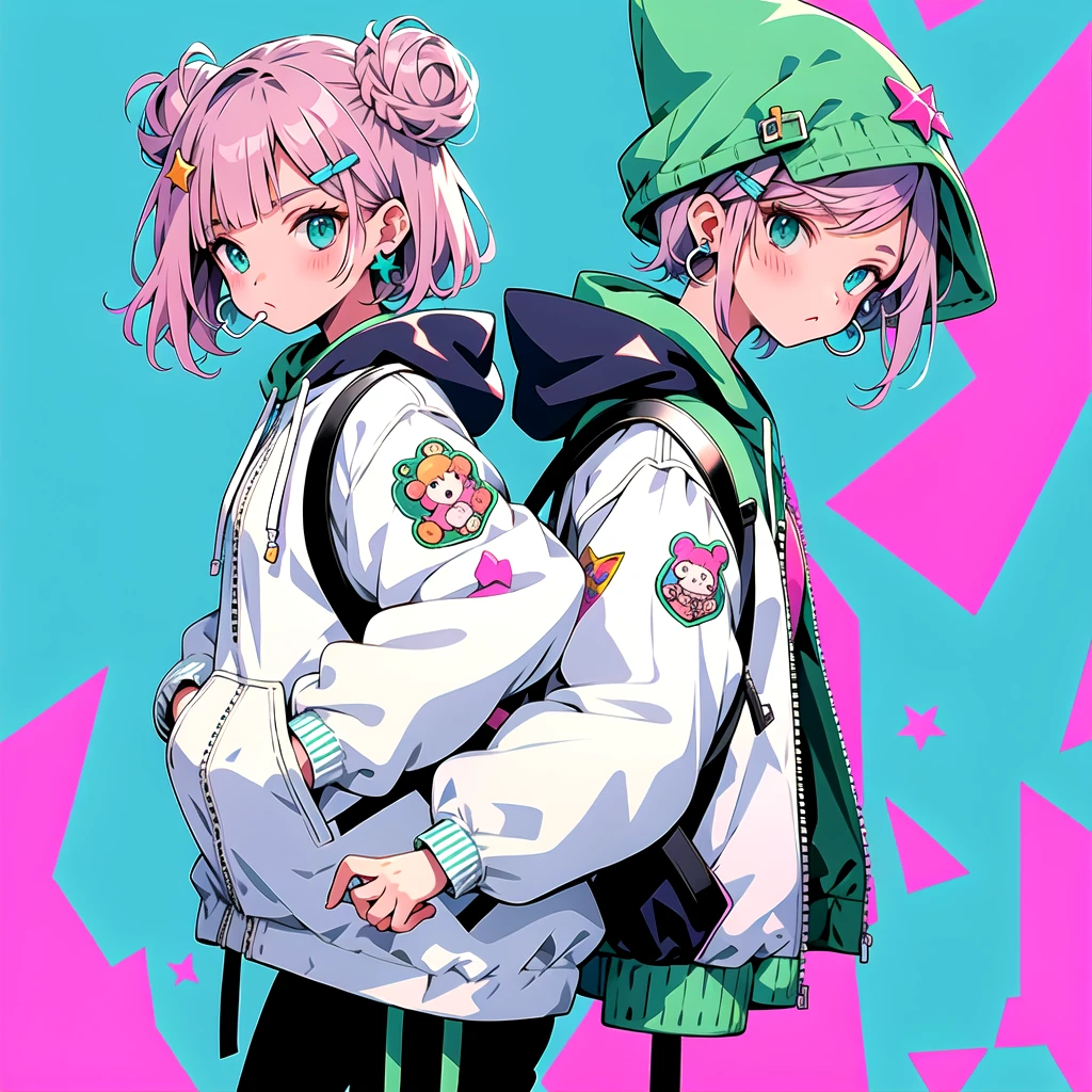 mn,1girl,double bun,hair bun,stuffed animal,stuffed toy,hair ornament,hood,backpack,teddy bear,bag,solo,hand in pocket,pink hair,food,hairclip,green eyes,cowboy shot,short hair,candy,looking at viewer,jacket,hood down,lollipop,star \(symbol\),long sleeves,bangs,hooded jacket,earrings,jewelry,green background,hoodie,aqua background,blush,charm \(object\),