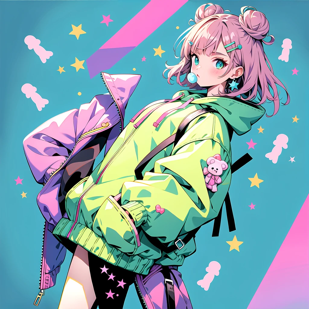 mn,1girl,double bun,hair bun,stuffed animal,stuffed toy,hair ornament,hood,backpack,teddy bear,bag,solo,hand in pocket,pink hair,food,hairclip,green eyes,cowboy shot,short hair,candy,looking at viewer,jacket,hood down,lollipop,star \(symbol\),long sleeves,bangs,hooded jacket,earrings,jewelry,green background,hoodie,aqua background,blush,charm \(object\),