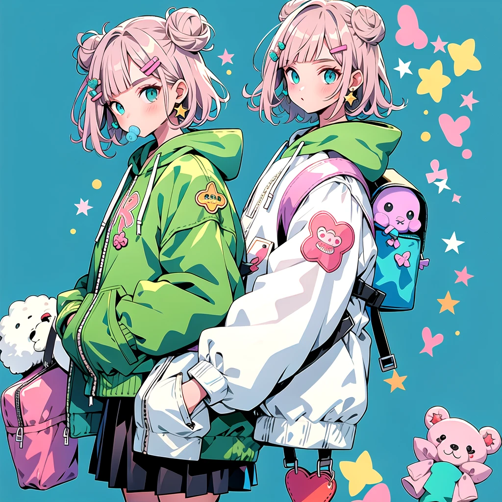 mn,1girl,double bun,hair bun,stuffed animal,stuffed toy,hair ornament,hood,backpack,teddy bear,bag,solo,hand in pocket,pink hair,food,hairclip,green eyes,cowboy shot,short hair,candy,looking at viewer,jacket,hood down,lollipop,star \(symbol\),long sleeves,bangs,hooded jacket,earrings,jewelry,green background,hoodie,aqua background,blush,charm \(object\),