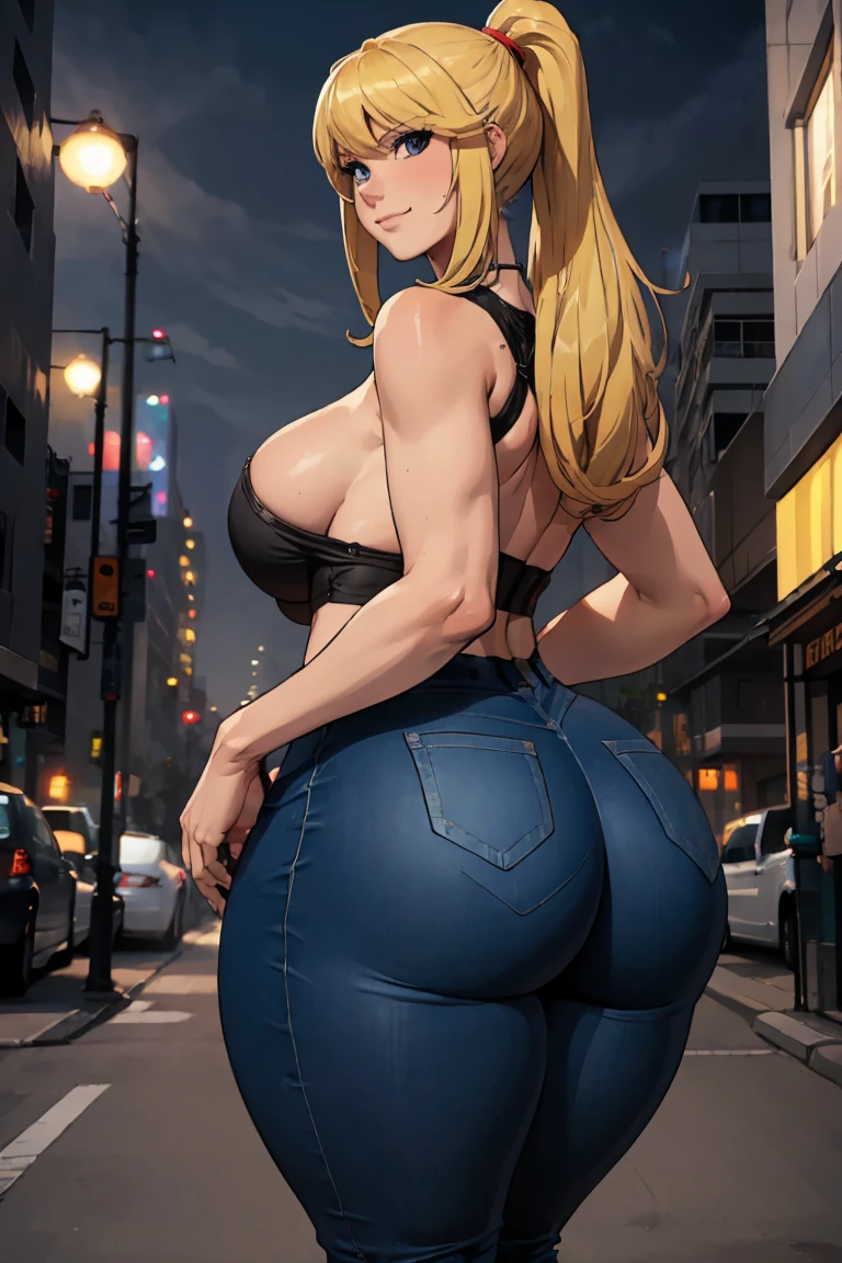 samus aran in jeans, ponytail, blonde, masterpiece, best quality, highly detailed, fine detail, 1girl, long hair, blonde hair, blunt bangs, thick thighs, thin waist, wide hips, curvy figure, voluptuous, cleavage, navel, huge breasts, huge ass, ass focus, perfect ass, woman wearing acstp skintight pants, rolled up sleeve, (((stp blue)), out in the streets, morning, buildings, standing, sexy pose, cowboy shot, smirk, from behind, looking back, looking at viewer, 
