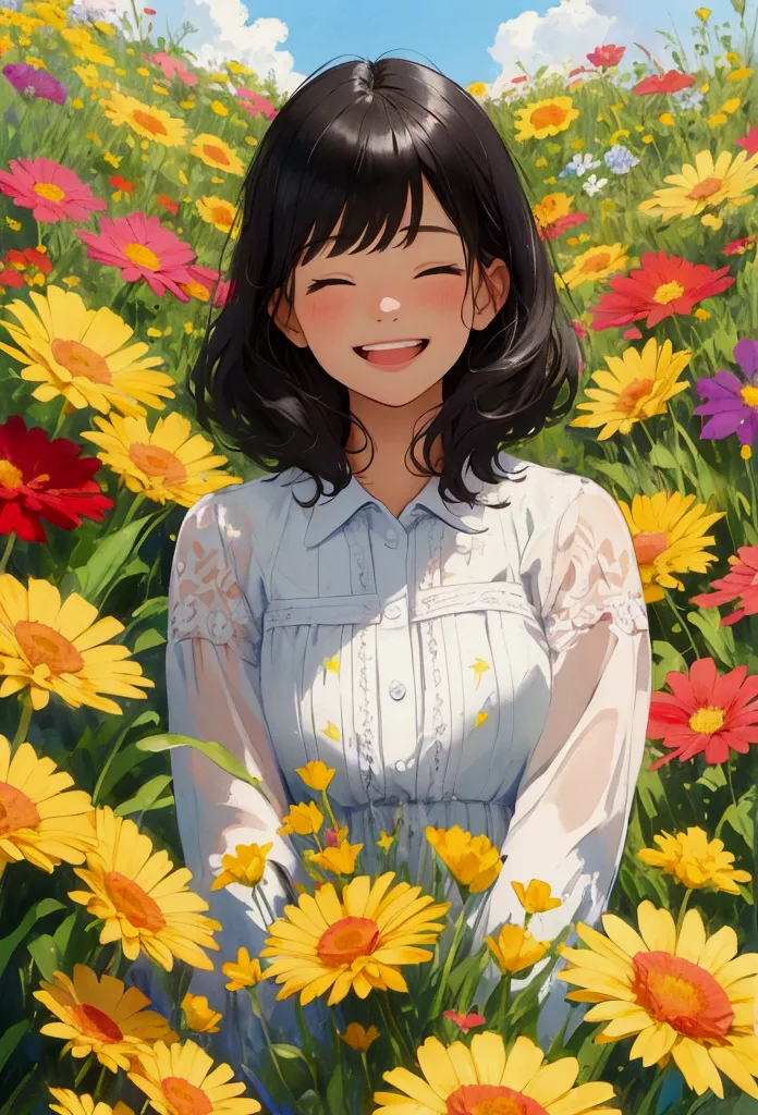 (masterpiece), (very high resolution), (very high quality), surrounded by flowers,one girl,upper body,smile,i&#39;m laughing so ...