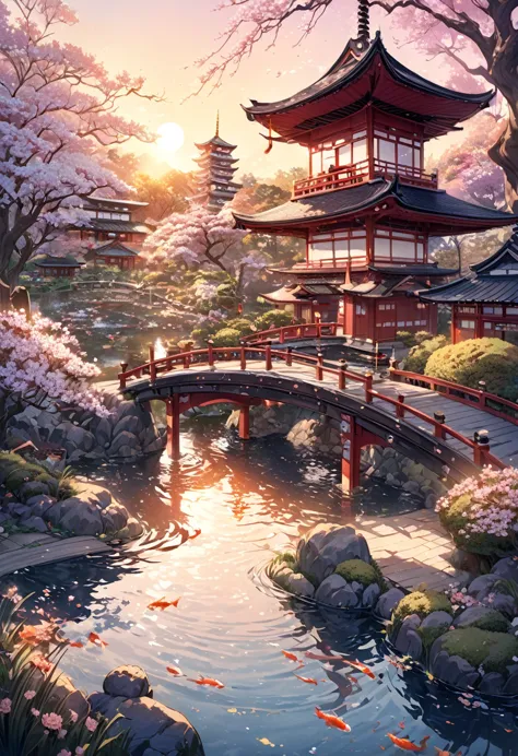 (digital painting),(highest quality), tranquil japanese garden, cherry tree in full bloom, koi pond, pedestrian bridge, pagoda, ...