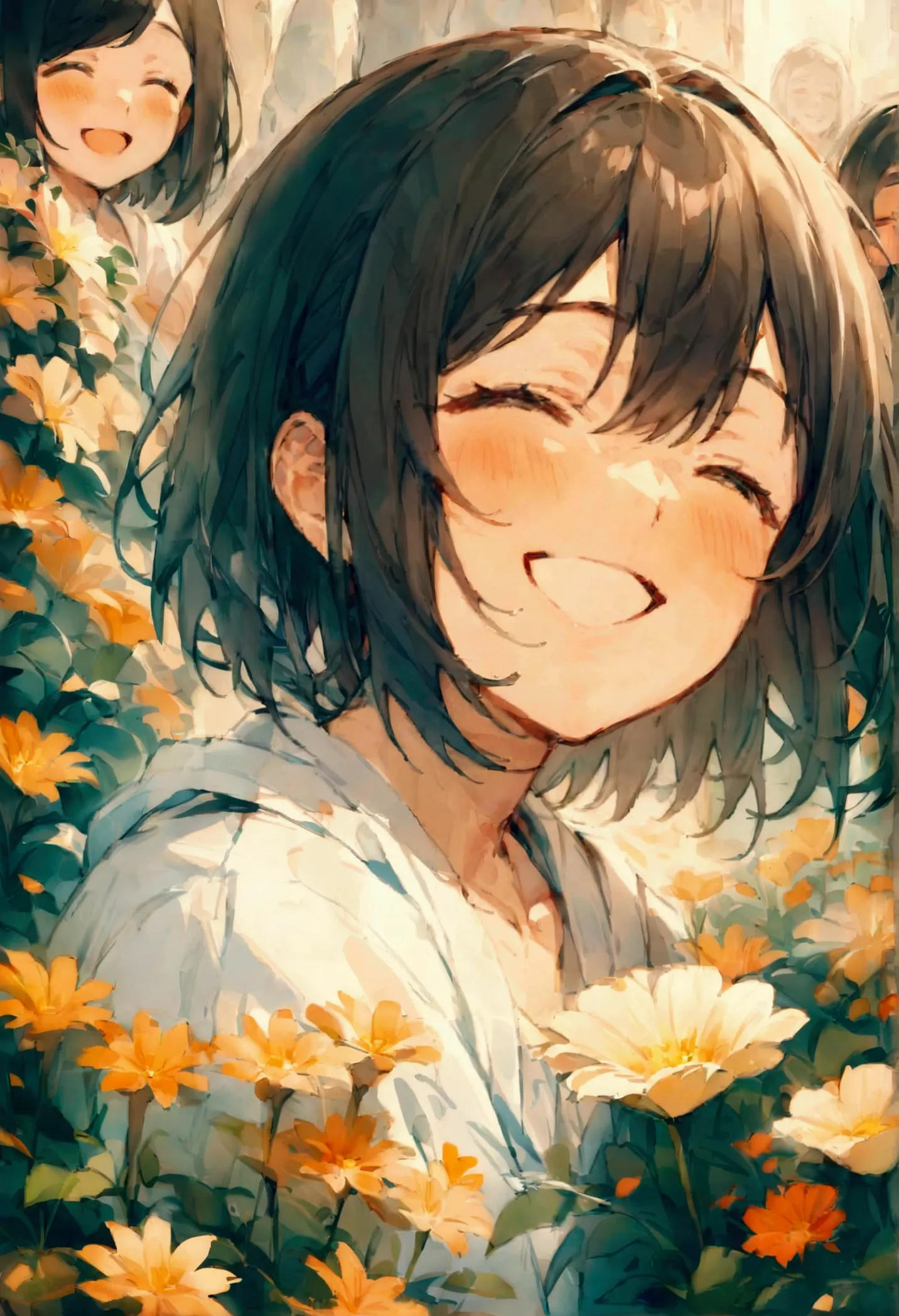 (masterpiece), (Very High Resolution), (Very high quality), Surrounded by flowers,One girl,Upper Body,smile,I&#39;m laughing so ...