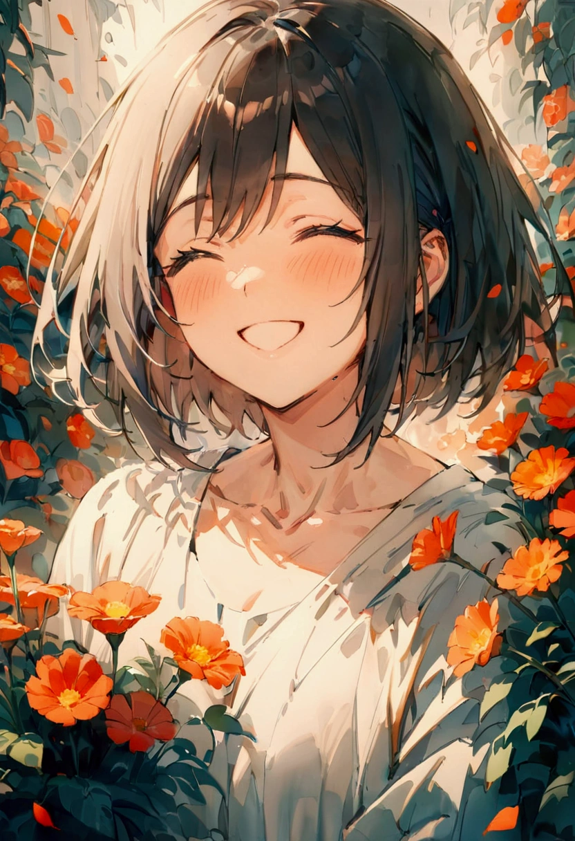 (masterpiece), (Very High Resolution), (Very high quality), Surrounded by flowers,One girl,Upper Body,smile,I&#39;m laughing so hard my eyes are closing,A big smile,Black Hair,Bob