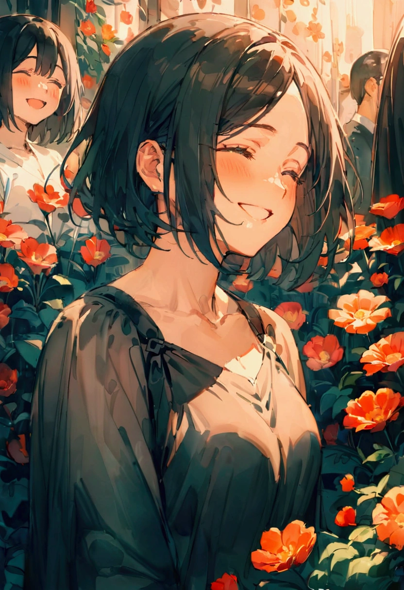 (masterpiece), (Very High Resolution), (Very high quality), Surrounded by flowers,One girl,Upper Body,smile,I&#39;m laughing so hard my eyes are closing,A big smile,Black Hair,Bob