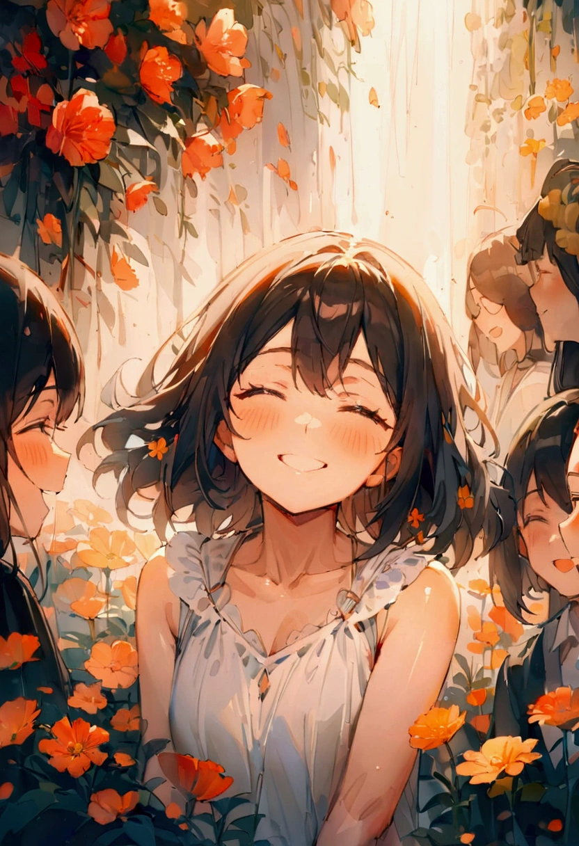 (masterpiece), (Very High Resolution), (Very high quality), Surrounded by flowers,Flower side,One girl,Upper Body,smile,I&#39;m laughing so hard my eyes are closing,A big smile,Black Hair,long,Shiny Hair