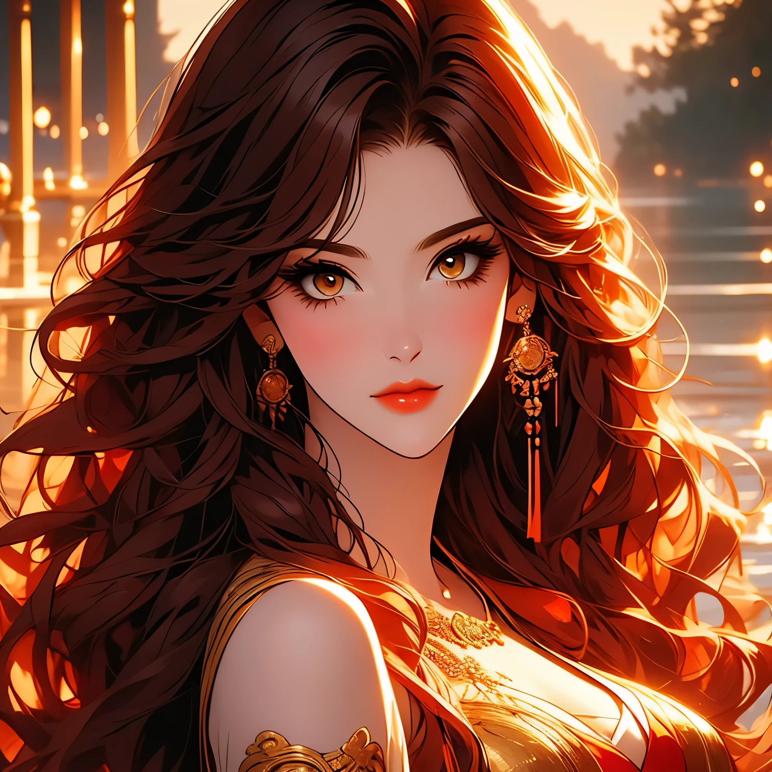 virtual drawing beautiful and sexy and majestic girl of 16 years old red wavy hair and gold eyes medieval style with villa aesthetics