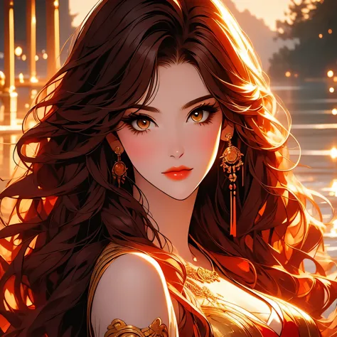 virtual drawing beautiful and sexy and majestic girl of 16 years old red wavy hair and gold eyes medieval style with villa aesth...