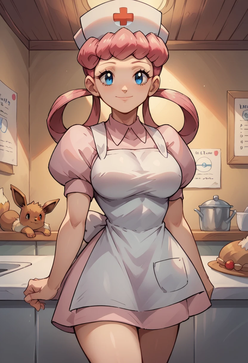 score_9, score_8_up,score_7_up, source_anime, 1girl, solo, eppknursejoy, pink hair, blue eyes, long hair, large breasts, hair rings, bumper bangs, looking at viewer, hat, dress, closed mouth, short sleeves, puffy sleeves, apron, puffy short sleeves, nurse cap, nurse, indoors, smile, infirmary, pokemon, pokemon \(creature\), eevee,