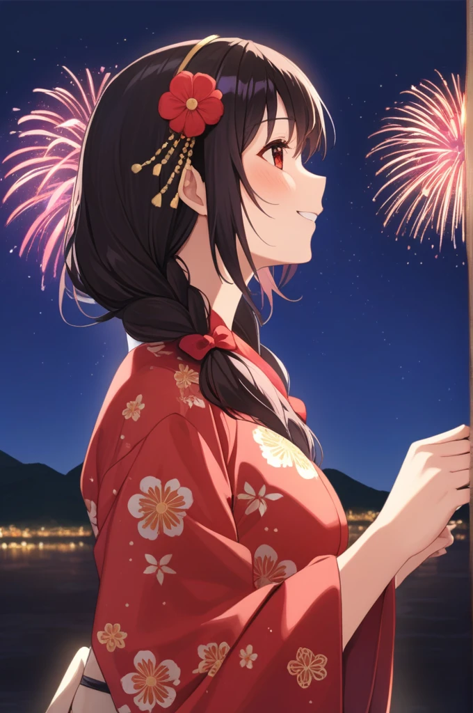 alone, One girl、Crown braids in the same color as your hair, hair ornaments, Hair Ribbon,(A light blue kimono with a red floral pattern and a red obi.)、Red Eyes、Black Hair、(blush:1.6)、(Profile of a smiling face with his mouth open:1.8)、Larger breasts、(The background is fireworks at night)、Looking up at the fireworks