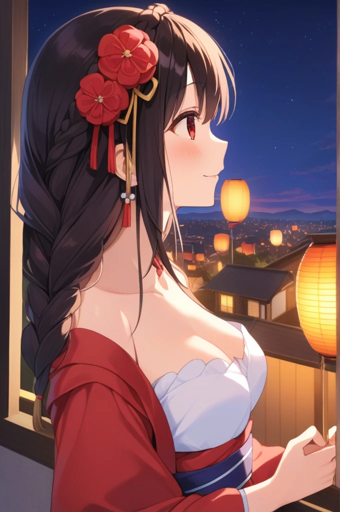 alone, One girl、Crown braids in the same color as your hair, hair ornaments, Hair Ribbon,(A light blue kimono with a red floral pattern and a red obi.)、Red Eyes、Black Hair、(blush:1.6)、(Profile of a smiling face with his mouth open:1.8)、Larger breasts、(The background is fireworks at night)、Looking up at the fireworks