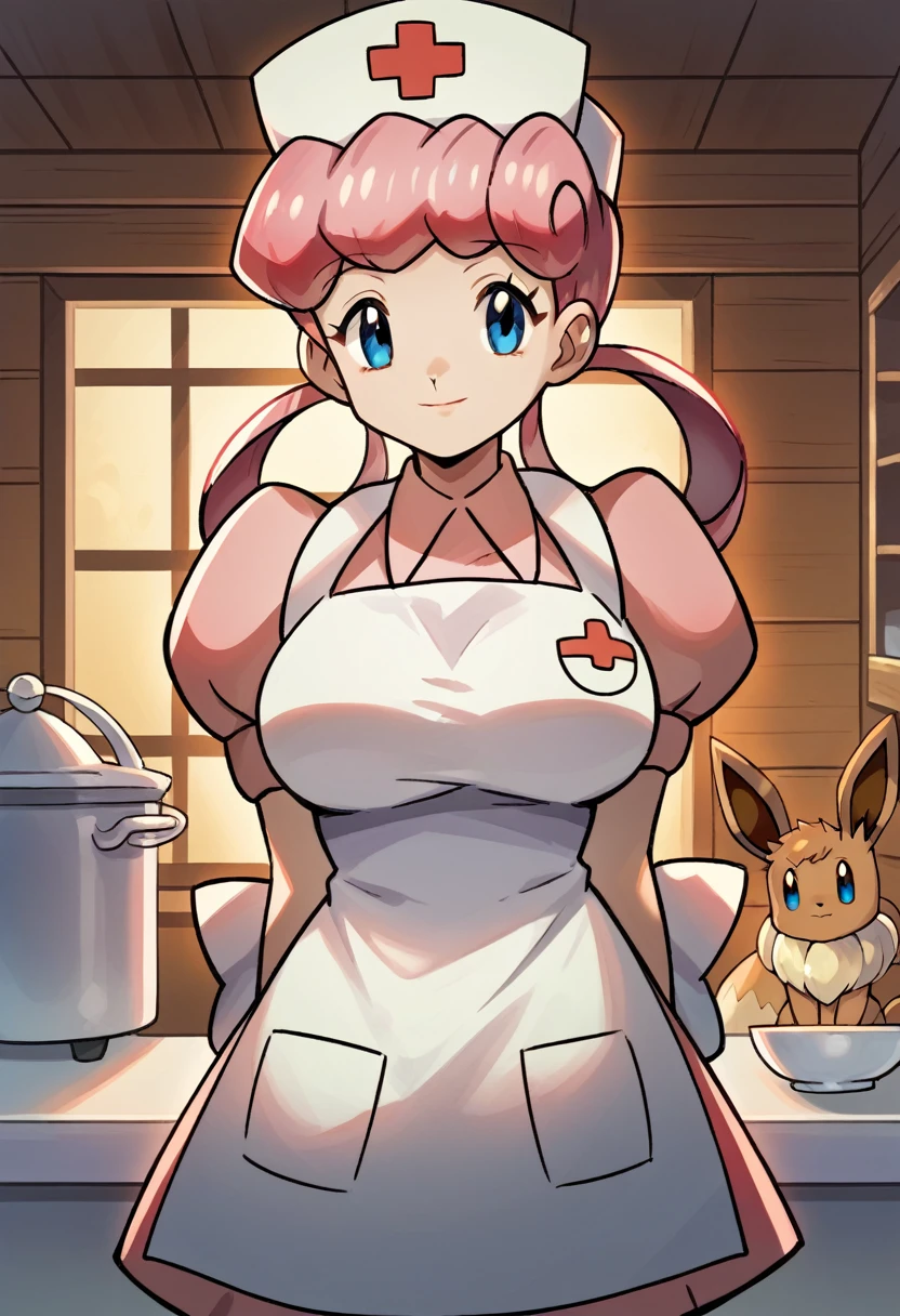 score_9, score_8_up,score_7_up, source_anime, 1girl, solo, eppknursejoy, pink hair, blue eyes, long hair, large breasts, hair rings, bumper bangs, looking at viewer, hat, dress, closed mouth, short sleeves, puffy sleeves, apron, puffy short sleeves, nurse cap, nurse, indoors, smile, infirmary, pokemon, pokemon \(creature\), eevee,