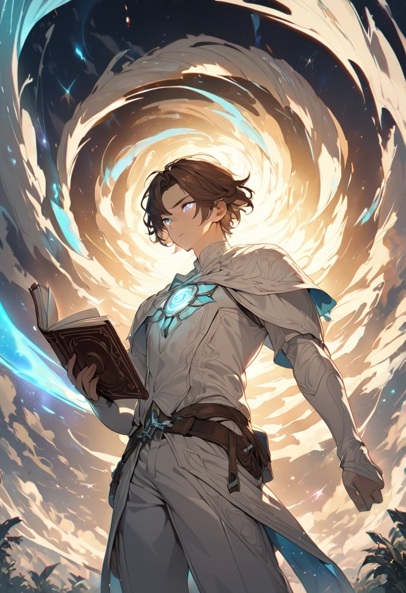 （Absurd，High resolution，Super detailed）， masterpiece， The best quality at its best， a boy with in white outfit， Hold the book， Cape， Witcher， solo， good looking， Short fine hair， Brown Hair， Grey Eyes， Glowing Eyes， Luminous effect， Cyan Wind Vortex， Fine grain， Detailed face， Spark of Light， Swirl， Magic Vortex， isolated land background， Looking down from below，