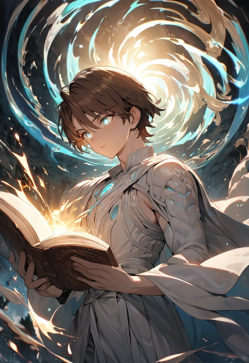 （Absurd，High resolution，Super detailed）， masterpiece， The best quality at its best， a boy with in white outfit， Hold the book， Cape， Witcher， solo， good looking， Short fine hair， Brown Hair， Grey Eyes， Glowing Eyes， Luminous effect， Cyan Wind Vortex， Fine grain， Detailed face， Spark of Light， Swirl， Magic Vortex， isolated land background， Looking down from below，