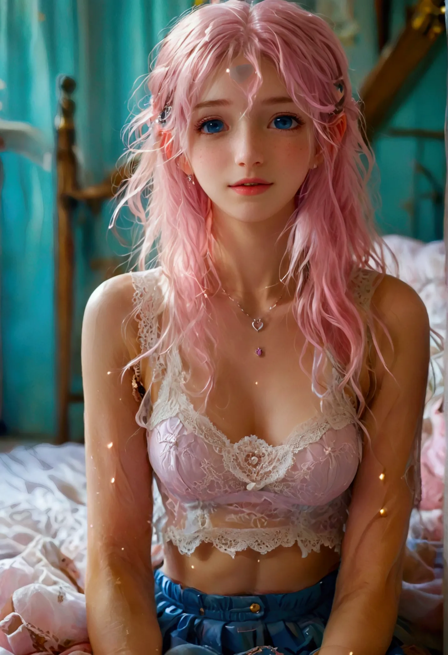 a girl, white skin, young, long pink hair, messy hair, thin arms, small mouth, small nose, small breasts, round face, pink skirt...
